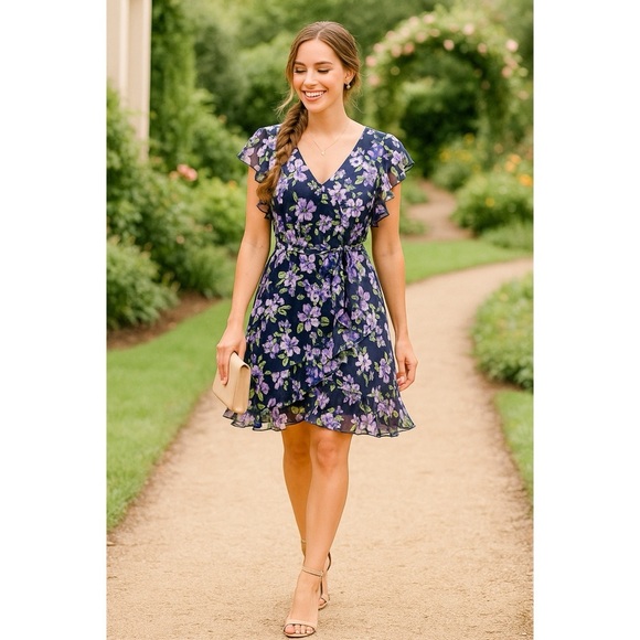 Tommy Hilfiger Womens Floral Ruffle Chiffon Fit & Flare Dress Purple Green 14 - Picture 1 of 11